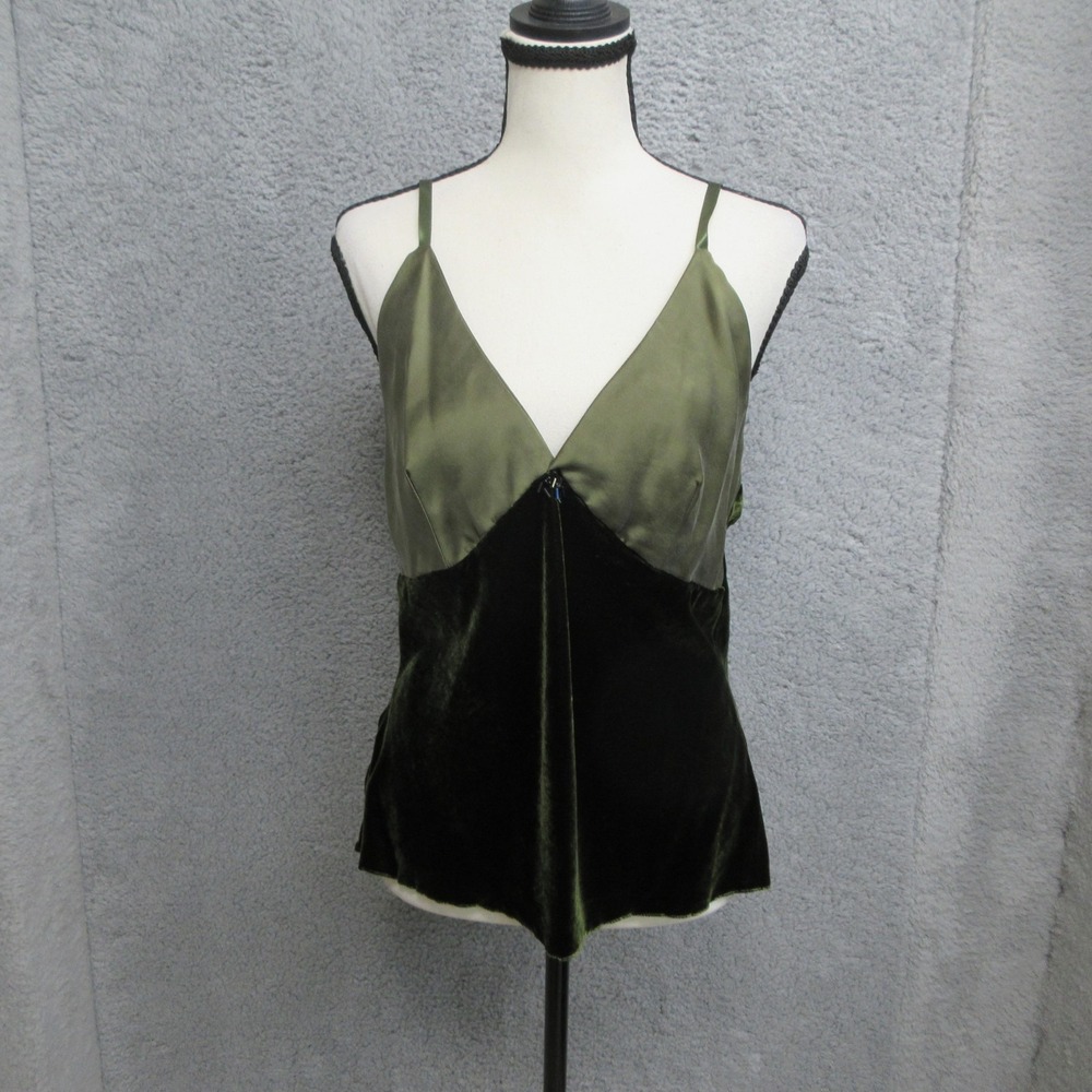 Velvet Satin Cami Tank Top Women M Olive Green Beaded V Neck Dressy Cocktail Y2K